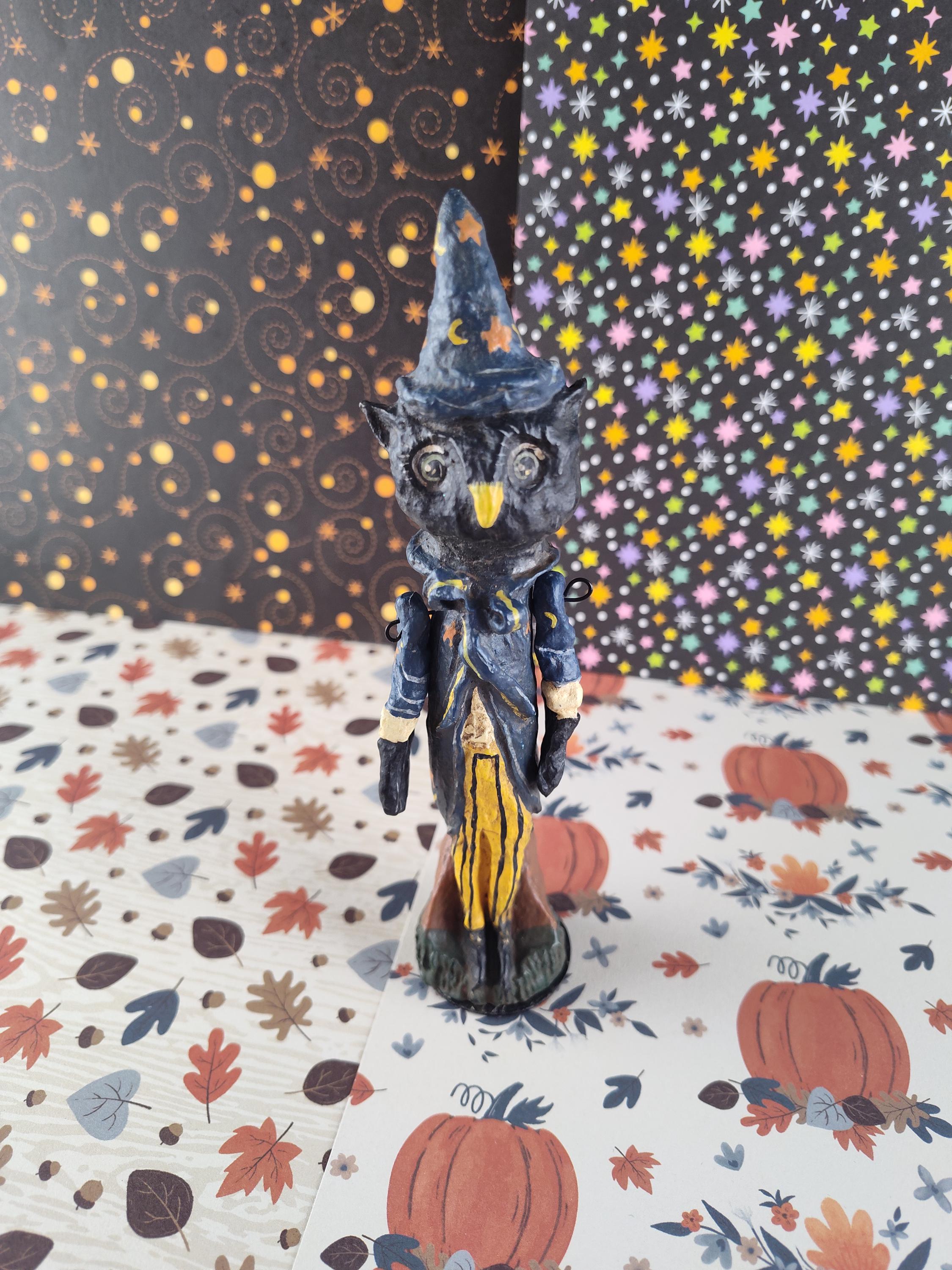 RARE Vintage Department 56 Halloween Folk Artsy Black Owl Wooden