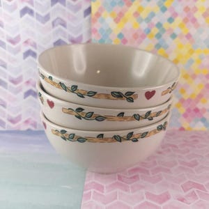 Vintage Thomson Pottery Springtime Birdhouse Patterened Soup/Cereal Bowls Set/3, Nice & Clean