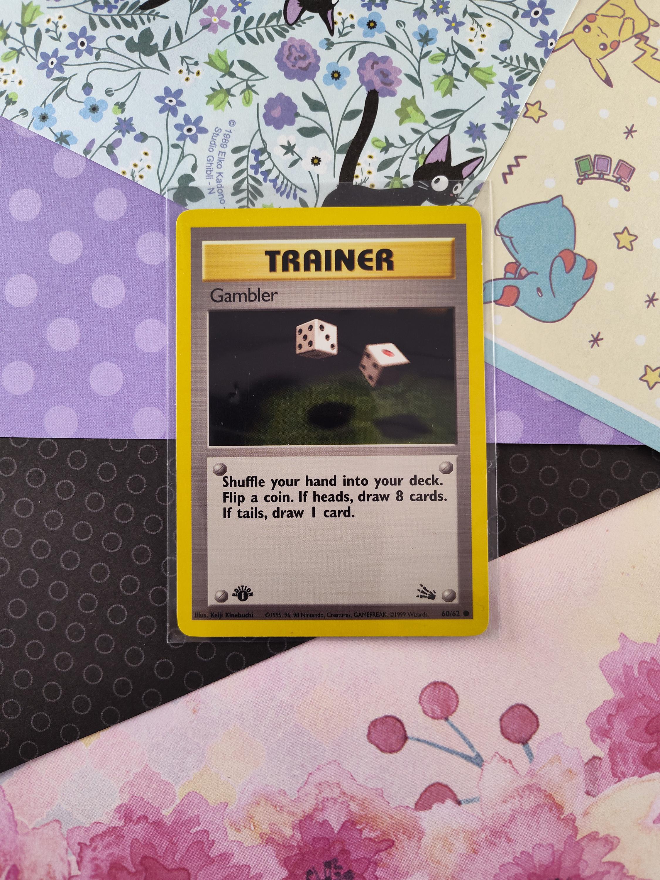 trainer gambler pokemon card value Single FOSSIL (Unlimited) draw 1 card. Honey Uncommon Reverse Holo Trainer
