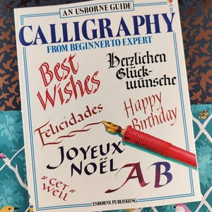 May include: A calligraphy guide titled "Calligraphy From Beginner to Expert" with various greetings in different fonts and languages, including "Best Wishes" and "Happy Birthday." A red pen is featured on the cover.