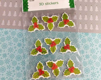 May include: A pack of 3D holly stickers with green leaves and red berries. The stickers are in a clear plastic packet. The packet has the text "3D stickers" and the brand name "love nicole". The background is patterned with snowflakes and Christmas trees.
