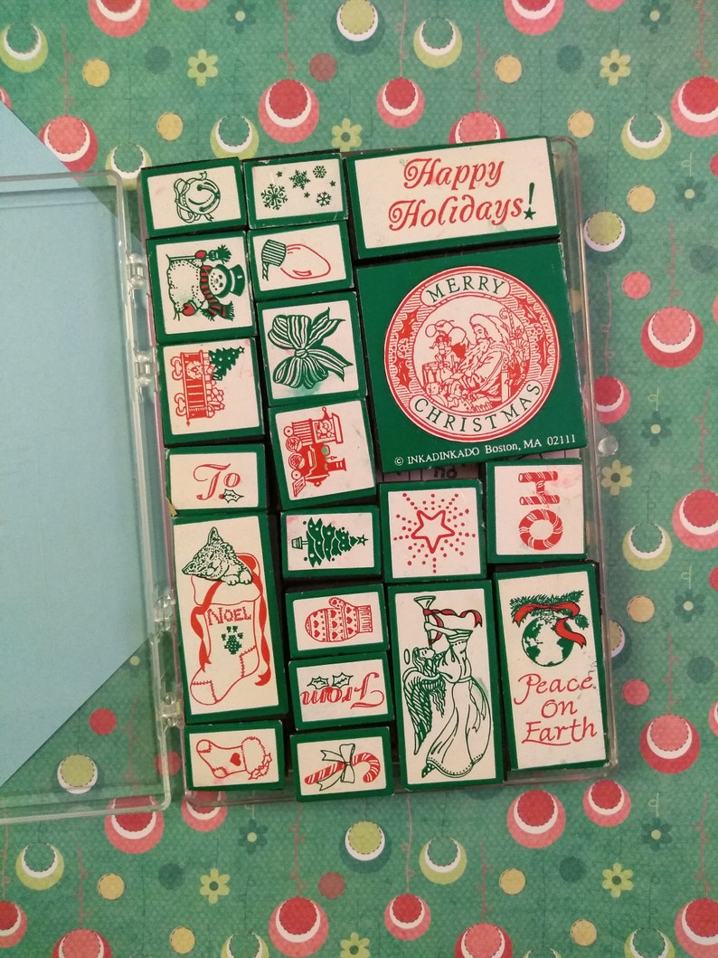 Mostly Clean Vintage Christmas Inkadinkado Stamp Set of 20 Stamps in Original Case