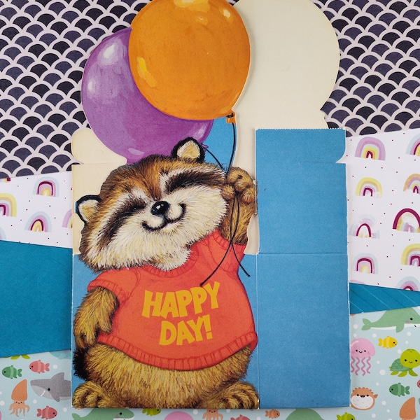 Vintage Critter Sitters Raccoon Happy Day Birthday Balloon Cardstock Gift Box