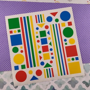 Hoja completa de pegatinas de formas geométricas coloridas de la Sra. Grossman, 1992, limpia y sin usar