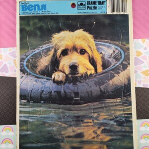 May include: A Golden Frame-Tray puzzle featuring a brown and white dog with long hair floating in a blue inner tube in a body of water. The puzzle is for ages 3 to 7 and has 107 pieces. The box has the words "Golden Frame-Tray Puzzle" and "Ages 3 to 7" printed on it.