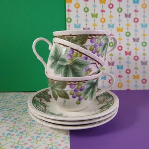 CLEARANCE Vintage Nikko Tableware Coffee Tea Cup and Saucer Grapes & Leaves Design, Set of 3
