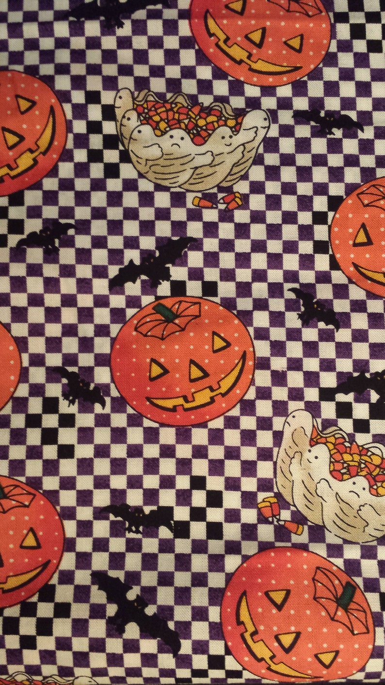 Halloween Fall Autumn Pummpkins Ghosts Bats Candy Corn Checkered Fabric Remnant 2yd x 88 W NICE