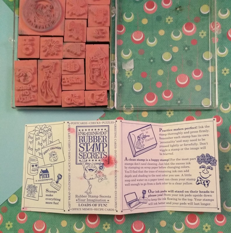Mostly Clean Vintage Christmas Inkadinkado Stamp Set of 20 Stamps in Original Case
