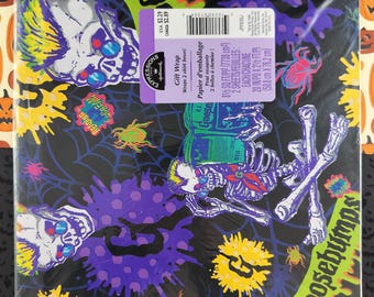 May include: Goosebumps-themed gift wrap featuring a black background with purple, yellow, and green accents. The design includes skulls, skeletons, spiders, and the Goosebumps logo. Each sheet measures 20 inches by 2.5 feet.