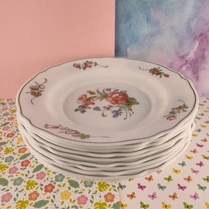 Puede incluir: Una pila de diez platos de cerámica blanca con un borde verde y un diseño floral en tonos de rosa, azul y verde.