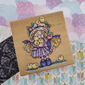 Sello de goma o bloque de madera con pollitos de Pascua divertidos de primavera de Stampendous, año 1999