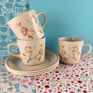 Vintage Corning Cherry Blossom Brown Deep Orange Mugs + Brown-Rimmed Saucers Set/3
