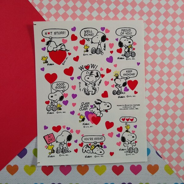 Vintage 1990's Hallmark Peanuts Snoopy Valentine's Day Hearts Full Sticker Sheet, Clean & Unused
