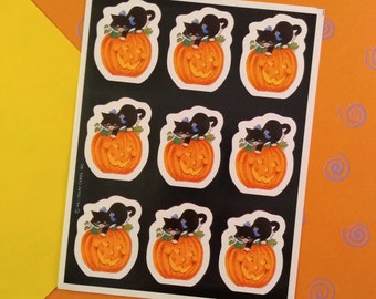 CLEARANCE Vintage 1980&#39;s Halloween Black Cat & Pumpkin Full Sticker Sheet Hallmark Cards, 4.5&quot; x 6&quot; Unused