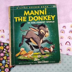 LIQUIDACIÓN Raro libro antiguo de HTF de 1959 Little Golden Book: Manni, el burro en el mundo del bosque, tapa dura