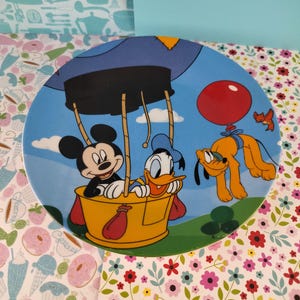 Vintage Walt Disney Mickey Mouse Donald Duck Pluto Hot Air Balloon Ceramic Plate