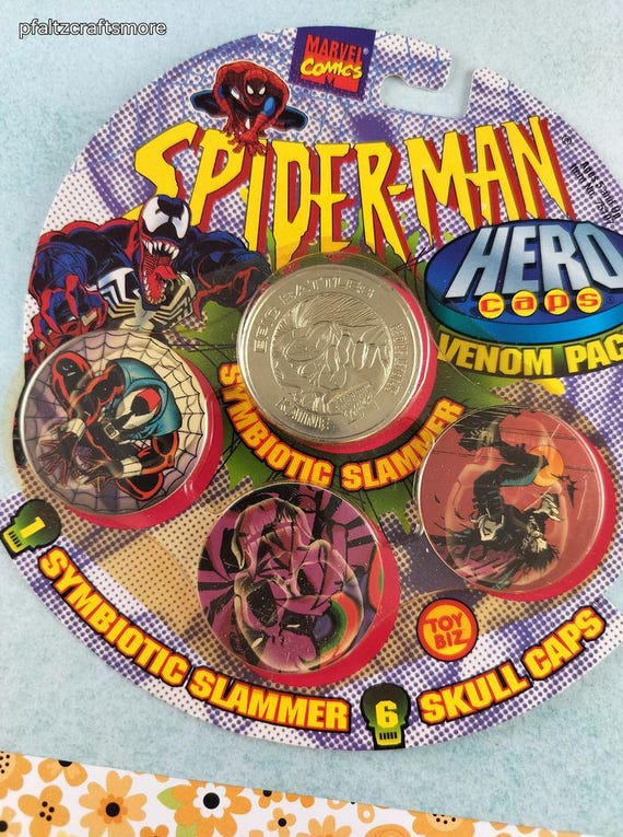 Vintage 1990's Pogs Spider-man Hero Caps Venom Pack 6 Skull Caps +