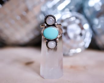 Silver Rainbow Moonstone and Turquoise Ring