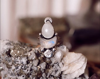 Silver Rainbow Moonstone Goddess Ring