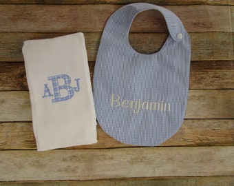 Boy Burp Cloth-Personalized Burp Cloth-Boy Bib-Monogrammed Burp Cloth-Blue Gingham Bib