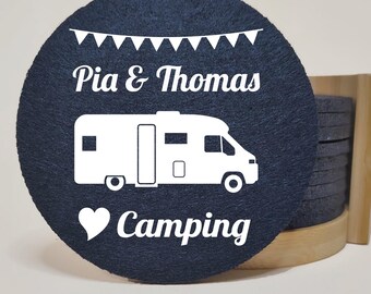 Geschenk für Camper, 10 personalisierte Camping-Untersetzer mit Wunschtext, Camping Deko, Wohnwagen und Wohnmobil Geschenk, Camping Gadget