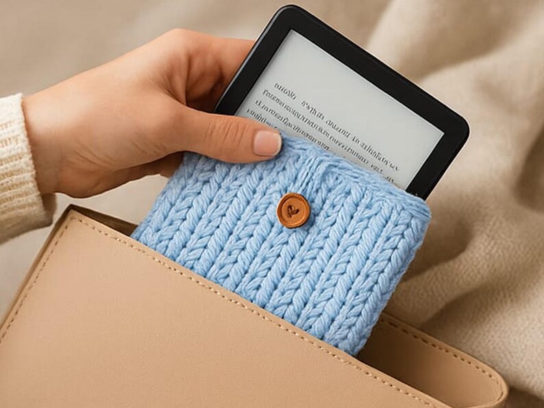 May include: A light blue knitted e-reader sleeve with a wooden button closure. The sleeve is holding a black e-reader with a white screen. The sleeve is inside a tan leather case.