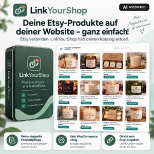 May include: A dark green rectangular tin featuring the LinkYourShop logo and text, displayed next to a digital interface showing a grid of various scented candles. The interface includes product images, titles, prices, and buttons labelled Bei Etsy ansehen.