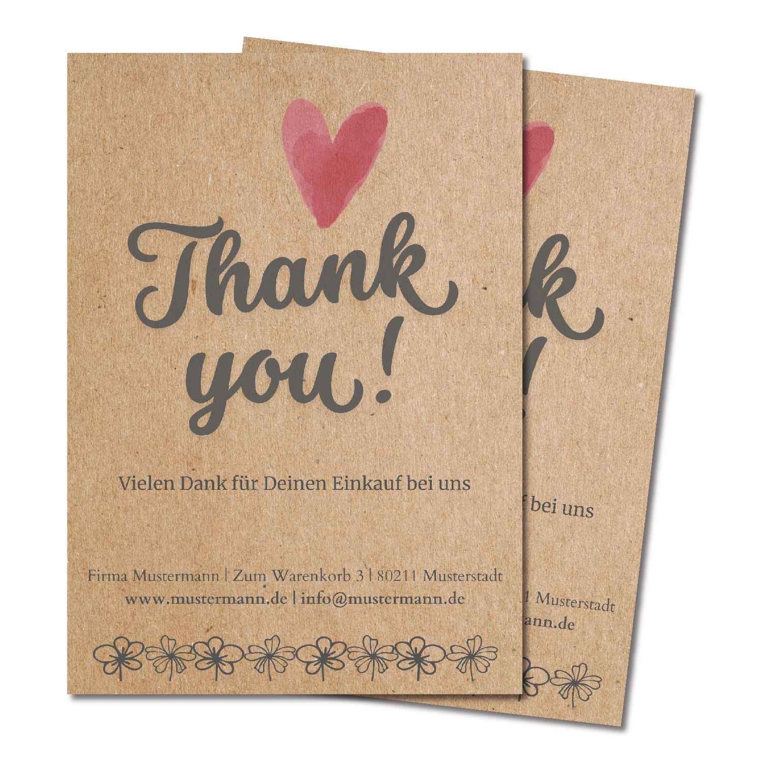 200 Stück gedruckte Danke-Karte DIN A6 personalisiert auf Kraftpapier – Danke-Karten – Konversions- und Bewertungs-Booster, Online-Händler