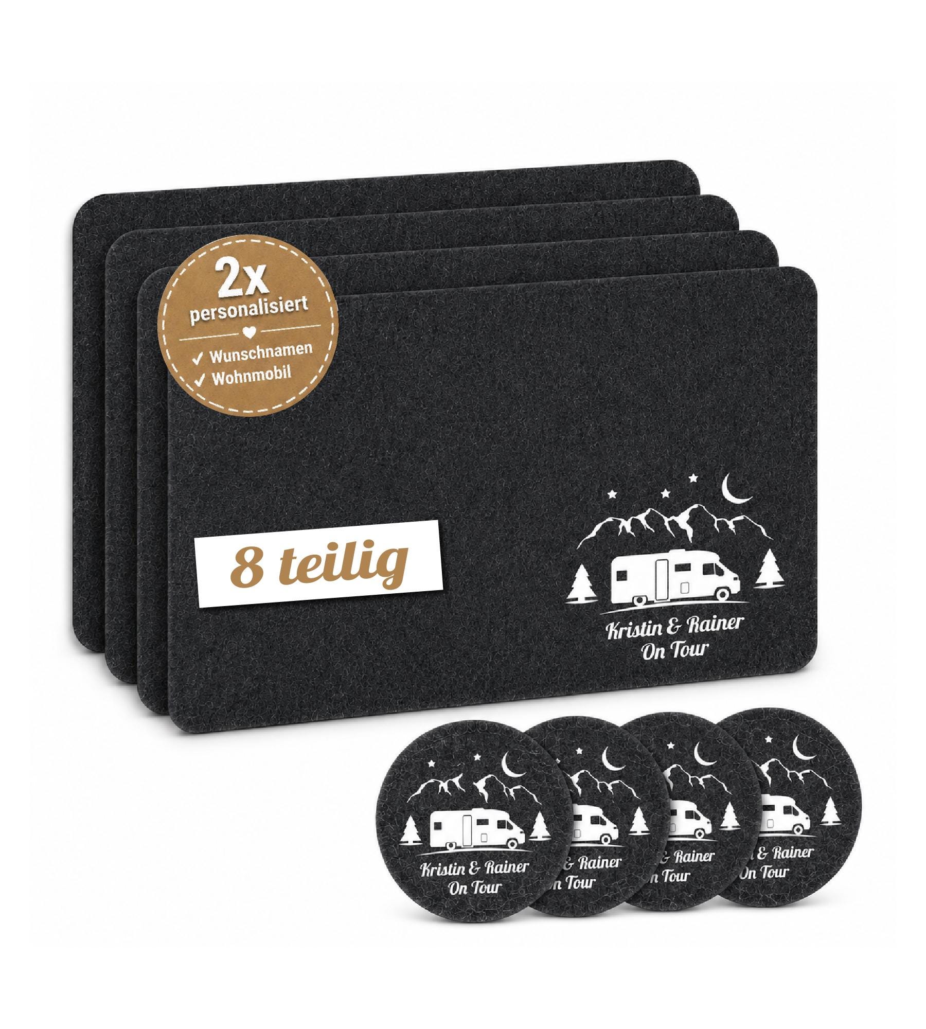 8-teiliges Camping-Set personalisiert – 4 Platzsets + 4 Untersetzer personalisiert – Geschenk Camper Wohnwagen Wohnmobil