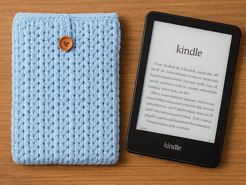 May include: A light blue knitted Kindle cover with a wooden button closure next to a black Kindle e-reader. The Kindle displays the word "kindle" and text on its screen. The cover is made of a thick, textured yarn.