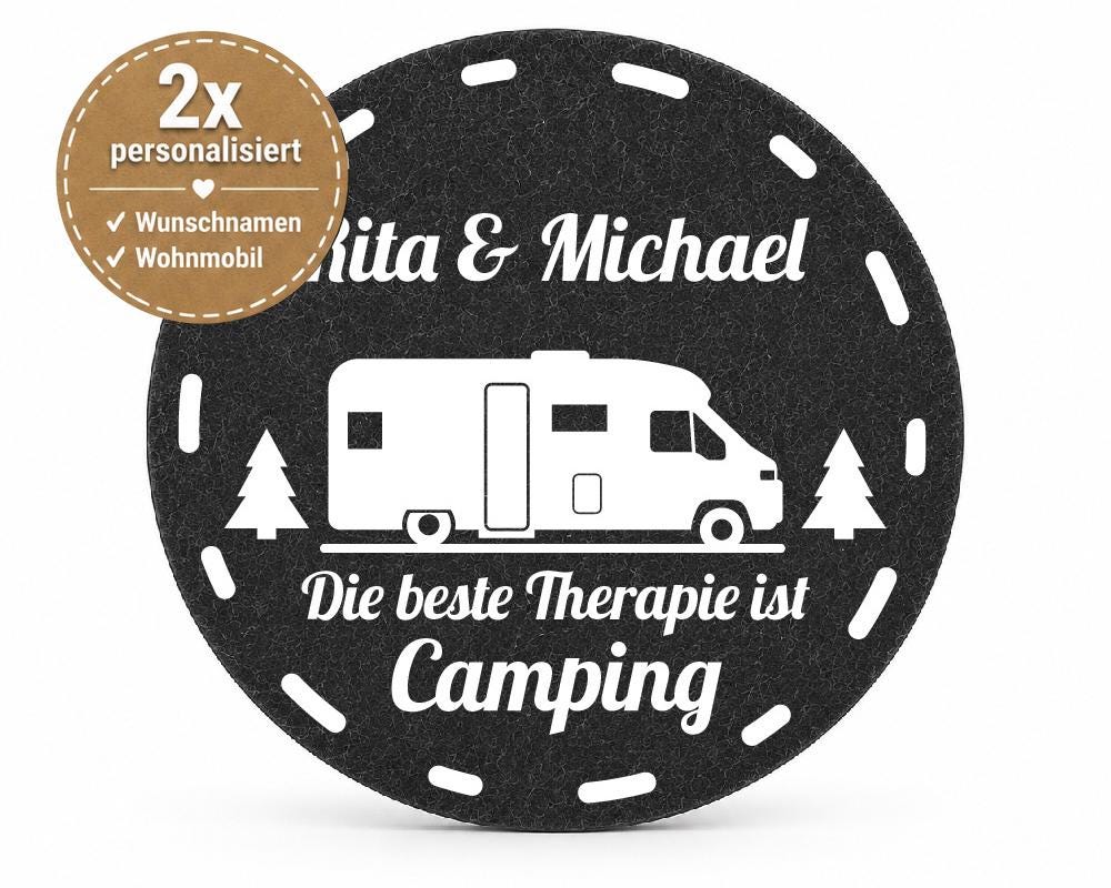 4 Filz-Untersetzer Camping 2 Fach personalisiert mit Wunschtext und Motiv, Geschenk für Camper, Wohnwagen Deko, Wohnmobil Geschenk, Vanlife