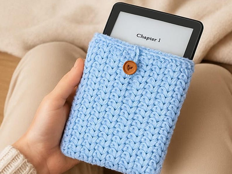 May include: A light blue, hand-knitted e-reader case with a wooden button closure. The case holds a black e-reader displaying the text "Chapter 1". The case is made of a soft, textured yarn.