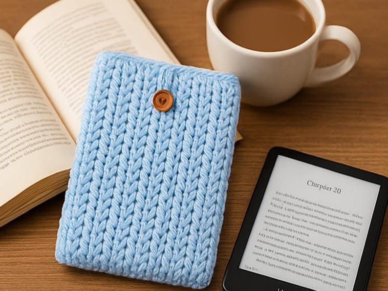 May include: A light blue knitted e-reader cover with a wooden button closure. The cover is next to an open book, a cup of coffee, and an e-reader displaying the text "Churper 20".