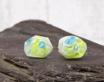 Handmade Sterling Silver Real Flower Stud Earrings, Green Blue Daisy