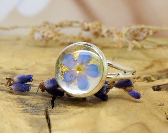Forget me not ring, unique adjustable ring, handmade real flower jewellery, pressed flowers jewellery, vegan gift ideas