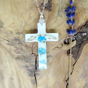 Forget me not necklace, real flower necklace, cross necklace, personalized gifts, personalised floral jewellery, pressed flowers jewelry