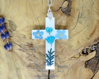 Sterling Silver Cross Necklace, Real Forget Me Not Flowers