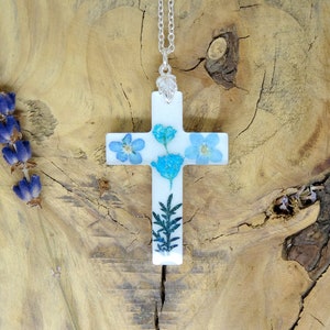 Forget me not necklace, real flower necklace, cross necklace, personalized gifts, personalised floral jewellery, pressed flowers jewelry