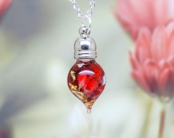 Real Rose Petal Necklace, Teardrop Resin Pendant, Sterling Silver Chain