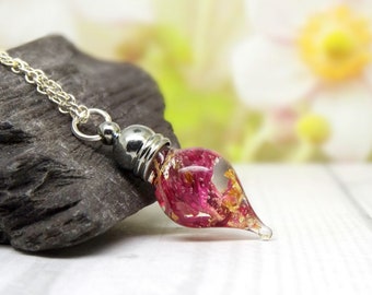 Real flower necklace with purple cornflower, personalised floral jewellery, dainty jewelry, real flower valentines gift, eco friendly