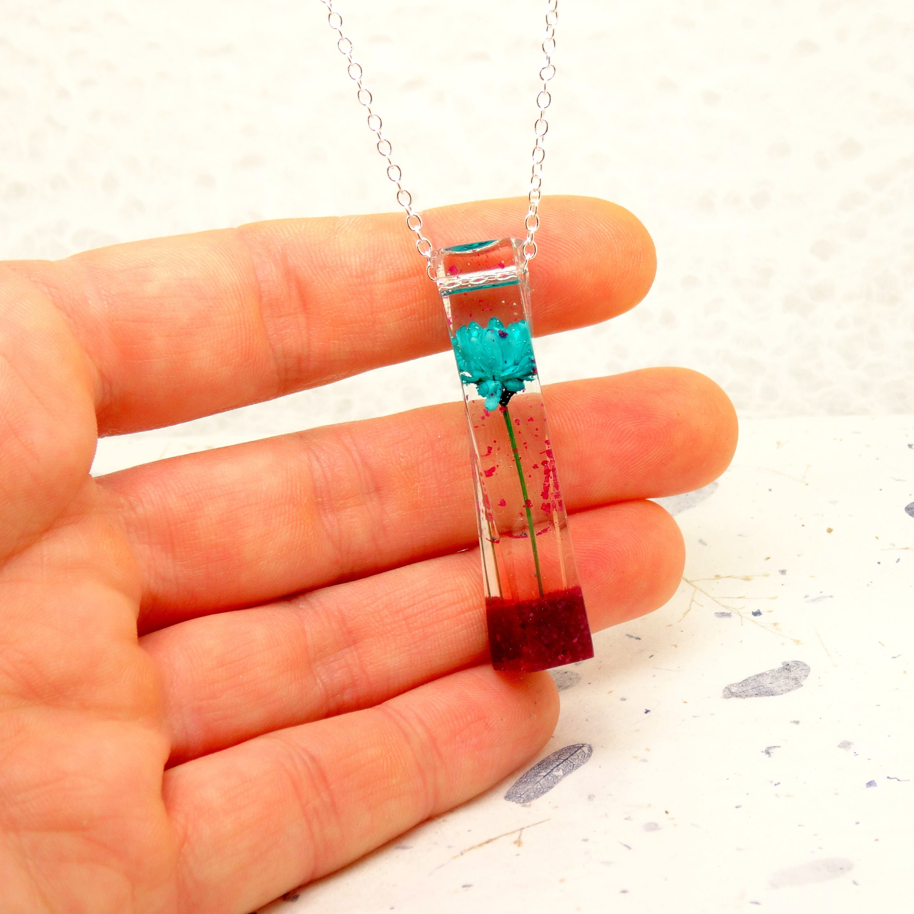 Blue daisy necklace, real flower necklace, resin necklace, handmade