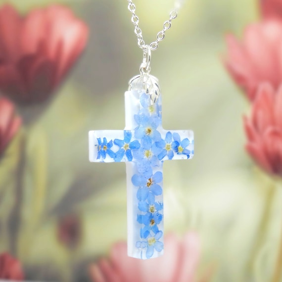 Forget me not cross necklace