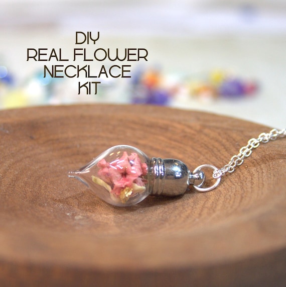 DIY real flower necklace kit, personalised botanical craft, glass vial jewellery, ideal for gifts
