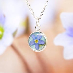Forget Me Not Necklace, Sterling Silver Plated, Pressed Flower Jewelry