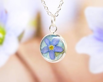 Forget Me Not Necklace, Sterling Silver Plated, Pressed Flower Jewelry