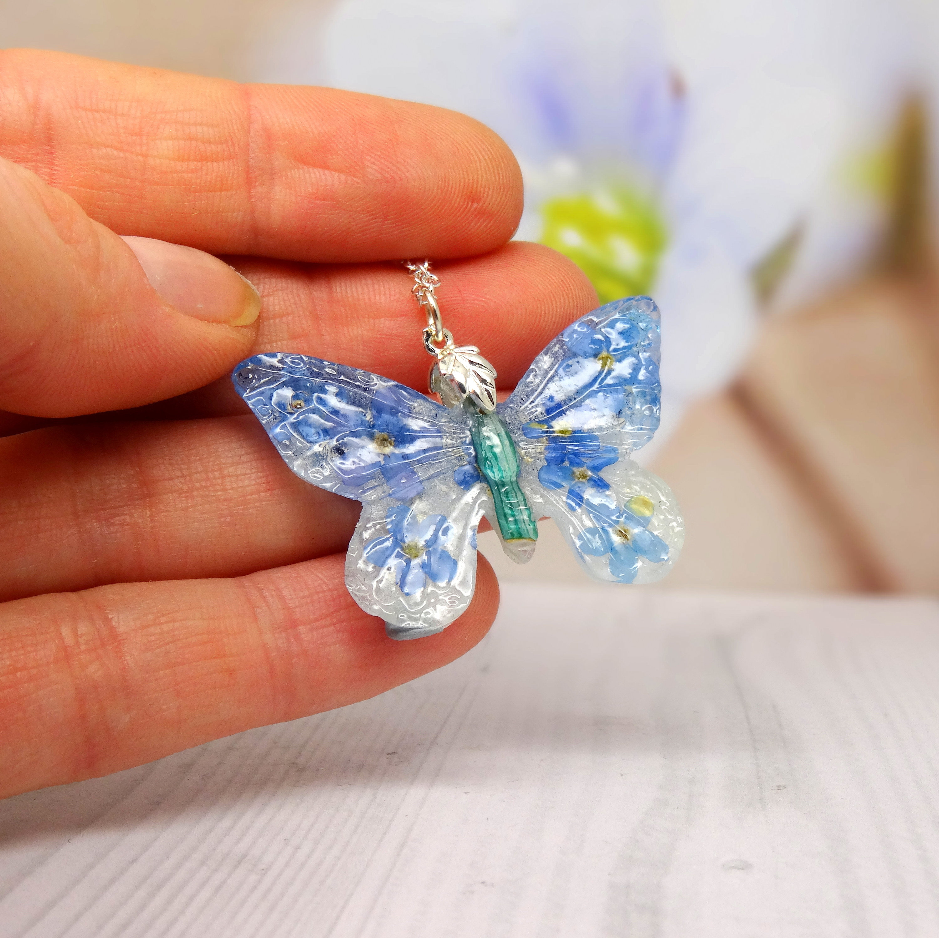 me not necklace, real flower jewellery, pressed flower jewelry