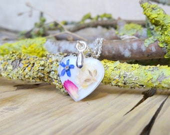 Sterling Silver Heart Flower Necklace, Forget Me Not, Carnation & Baby's Breath