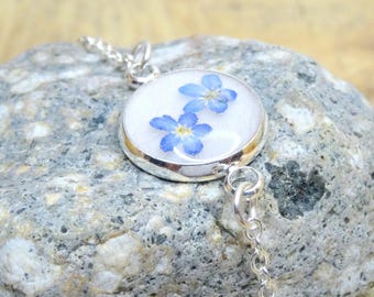 Real Forget-Me-Not Flower Bracelet, Sterling Silver, September Birth Flower