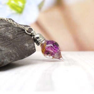 Real Purple Orchid Resin Necklace, Sterling Silver Chain