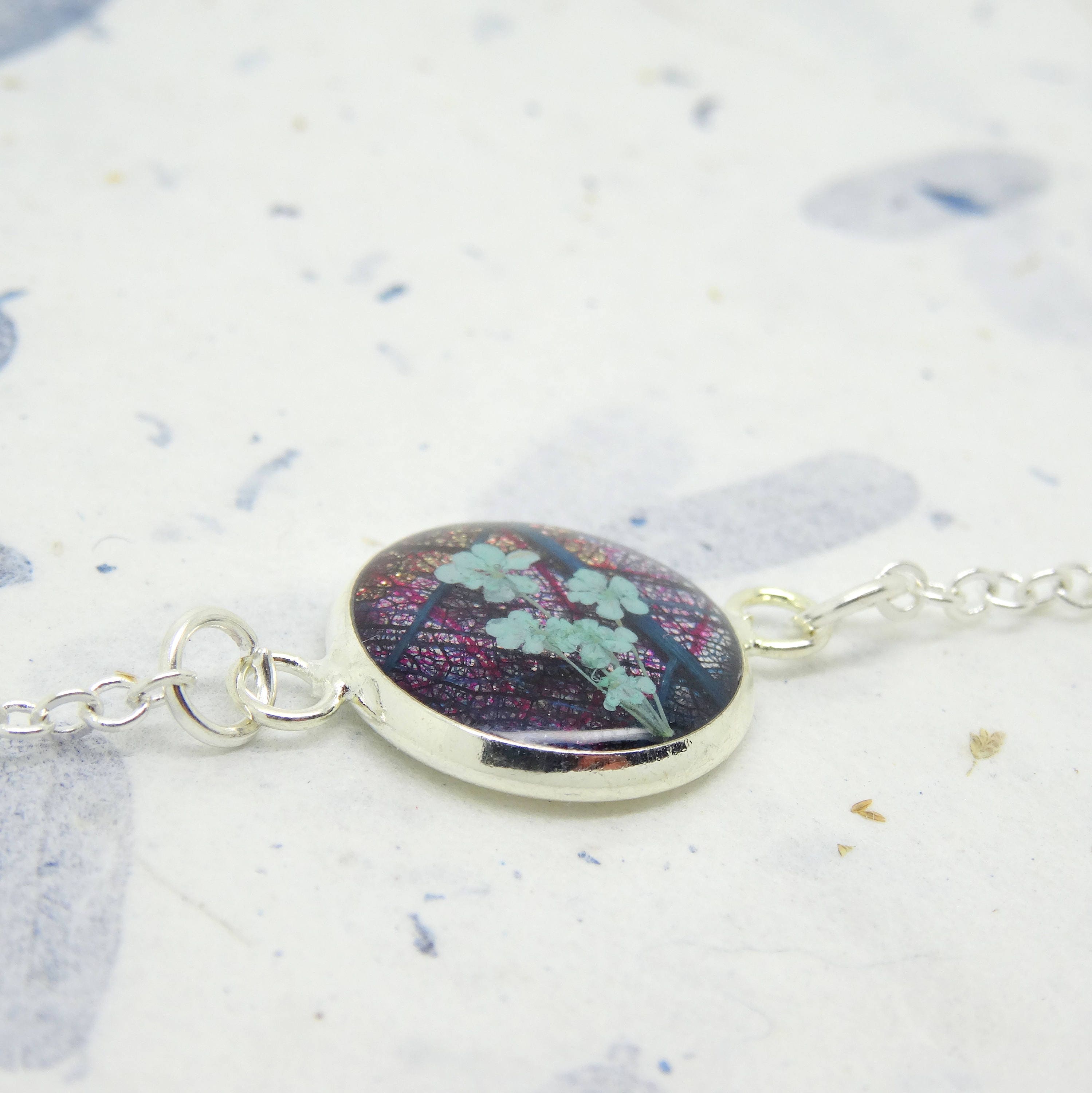 Dried Flower Resin Silver Adjustable Bracelets Queen Anne/'s Lace Dried Flower Bracelet